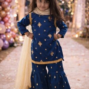 Silk Embroidered Kurti & Gharara Set for Baby Girl – Organza Dupatta – Wedding